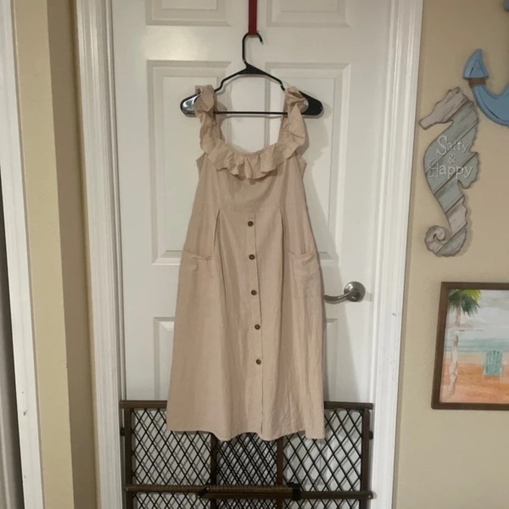 Cupshe Beige Ruffle-Shoulder Button-Front Mini Dress